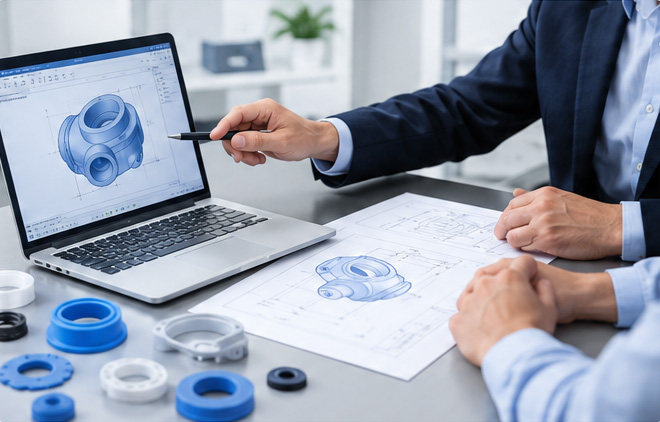 Engineering team reviewing a custom product design