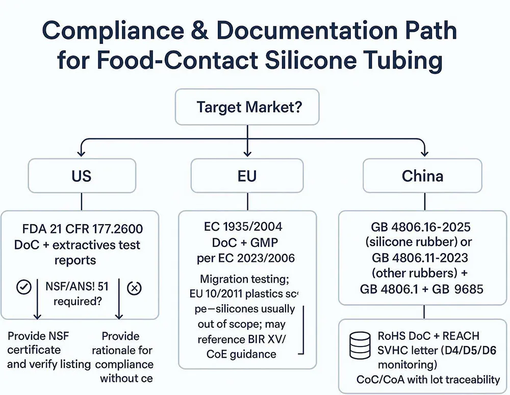 Infographic decision-flow showing FDA 177.2600, NSF 51 listing, EU 1935/2004 with GMP, China GB 4806.16 or 4806.11, plus RoHS/REACH and documentation