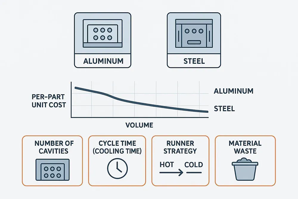 Infographic: tooling amortization vs. unit cost; aluminum vs. steel; cavities and cycle time drivers.