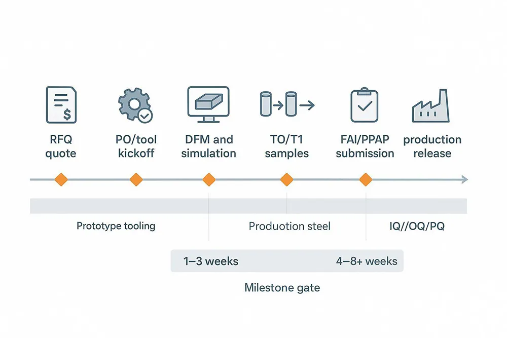 RFQ-to-production timeline with T0/T1, FAI/PPAP gates and U.S. lead time ranges.