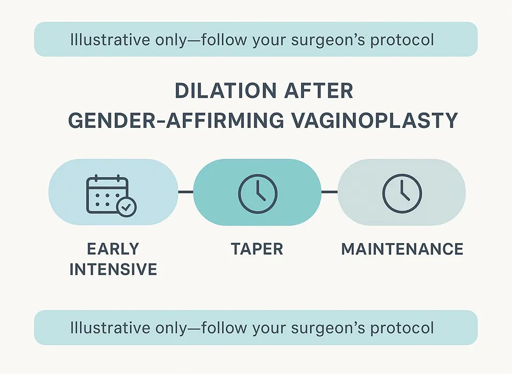Illustrative timeline of early-intensive, tapering, and maintenance dilation phases after vaginoplasty with a note to follow the surgeon’s protocol