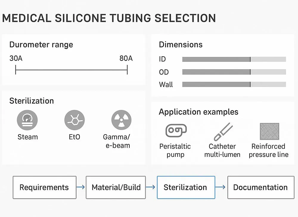 Selection checklist infographic linking durometer, ID/OD tolerances, and sterilization to typical medical silicone tubing use cases