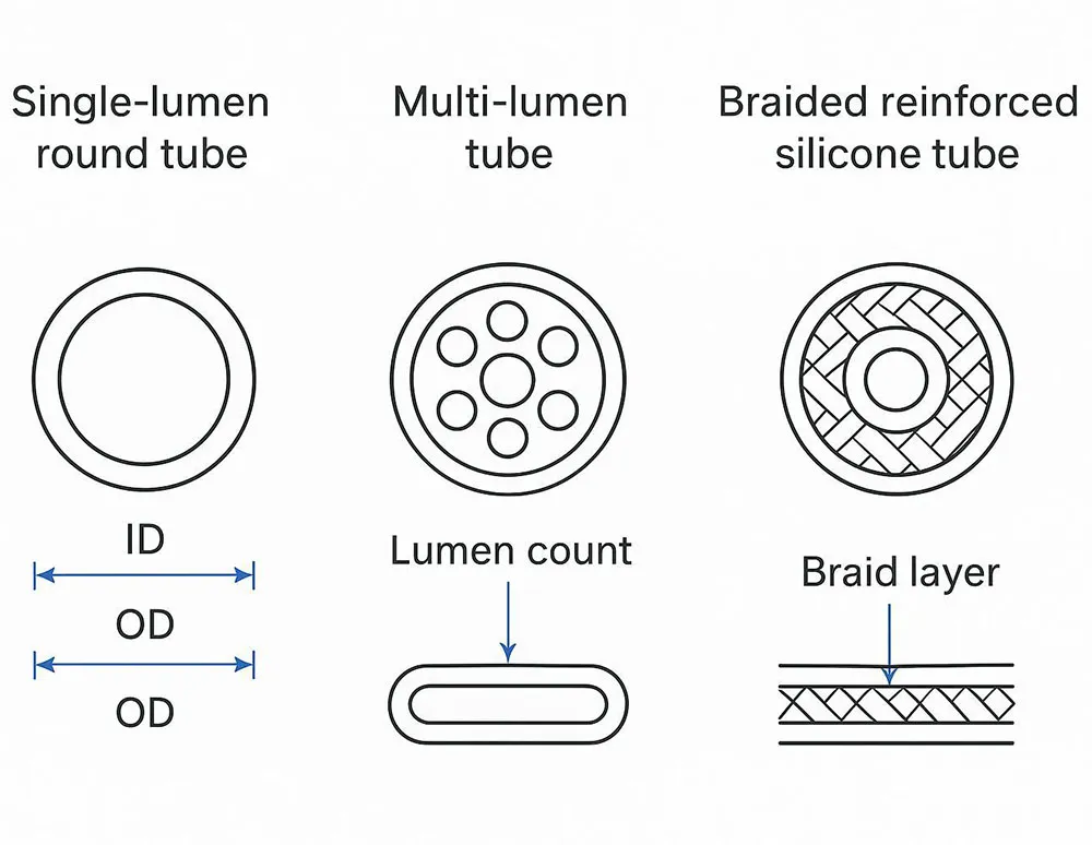 Cross-section diagram showing single and multi-lumen silicone tubing and a braided reinforced variant with labeled dimensions