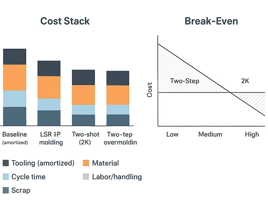 A cost stack comparison for tooling, material, cycle time, scrap, and labor with 2K vs two-step break-even volume bands