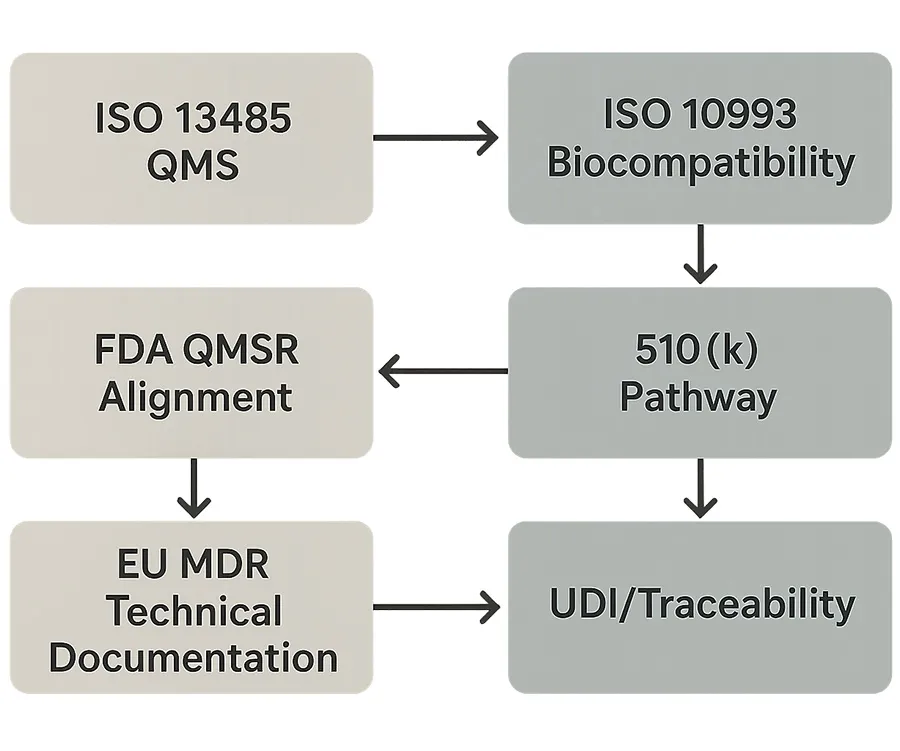 Infographic: compliance flow diagram mapping ISO 10993 biocompatibility, ISO 13485 QMS, FDA QMSR alignment, EU MDR technical documentation, and UDI/traceability checkpoints